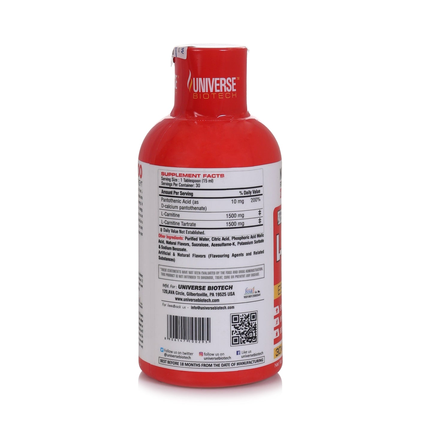 Universe Biotech L-Carnitine 3000mg Liquid (450ml) 30 Servings.